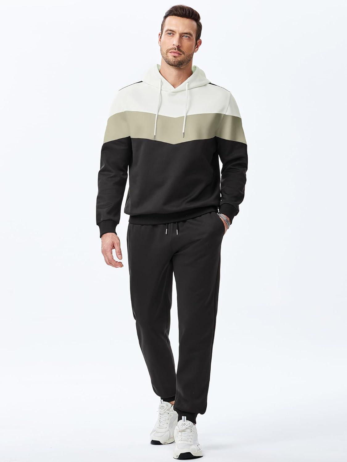 imageJMIERR Mens Hoodie Tracksuit 2 Pieces Set Novelty Color Block Pullover Fleece Hoodies Long Sleeve Casual SweatshirtBlack