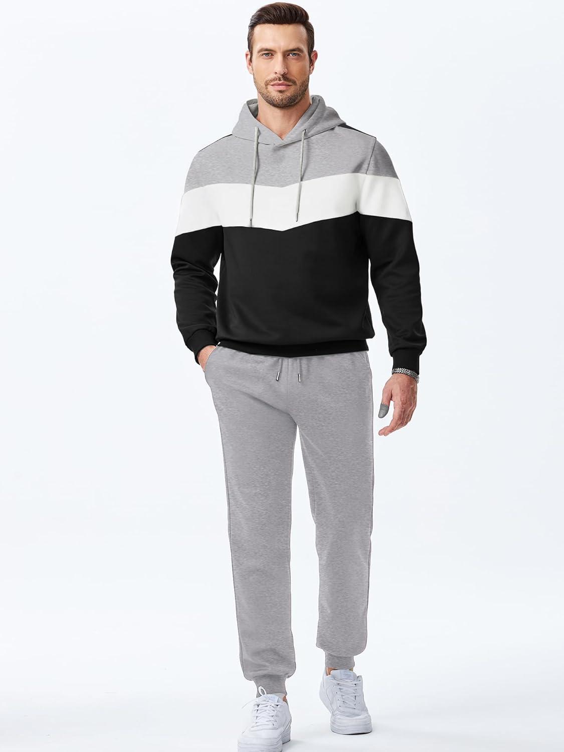 imageJMIERR Mens Hoodie Tracksuit 2 Pieces Set Novelty Color Block Pullover Fleece Hoodies Long Sleeve Casual SweatshirtGray