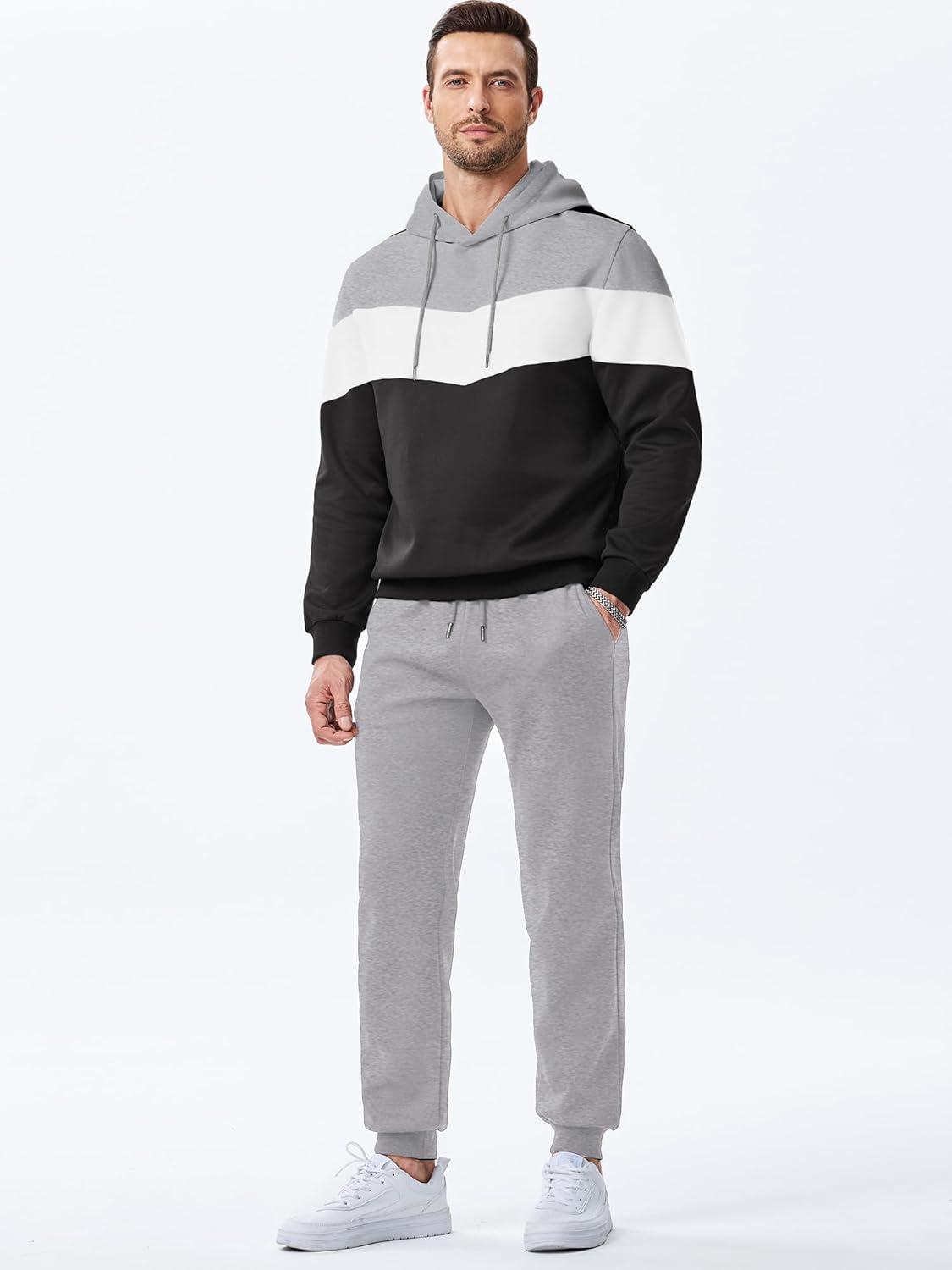 imageJMIERR Mens Hoodie Tracksuit 2 Pieces Set Novelty Color Block Pullover Fleece Hoodies Long Sleeve Casual SweatshirtGray