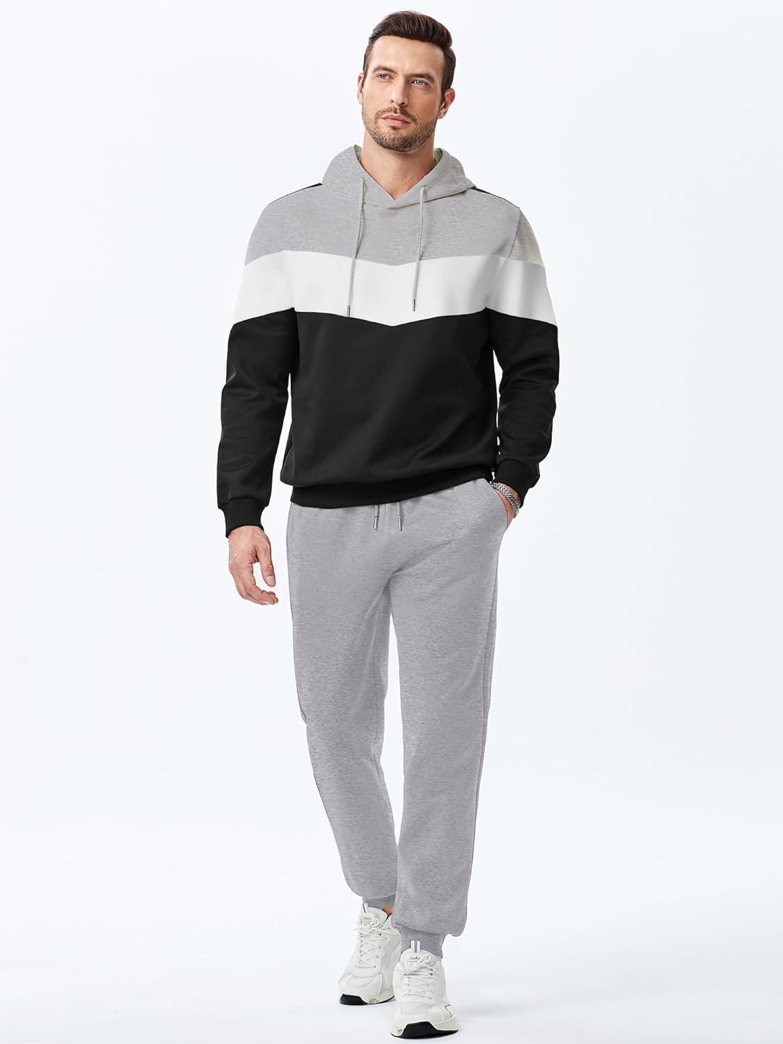 imageJMIERR Mens Hoodie Tracksuit 2 Pieces Set Novelty Color Block Pullover Fleece Hoodies Long Sleeve Casual SweatshirtGray