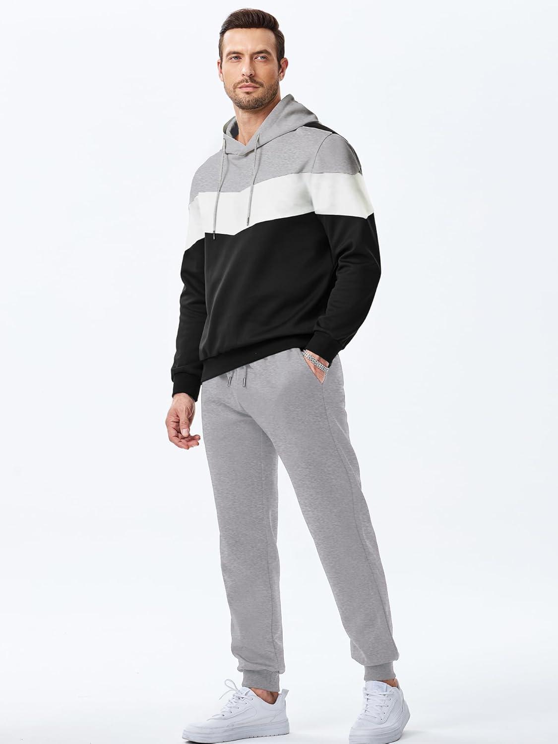 imageJMIERR Mens Hoodie Tracksuit 2 Pieces Set Novelty Color Block Pullover Fleece Hoodies Long Sleeve Casual SweatshirtGray