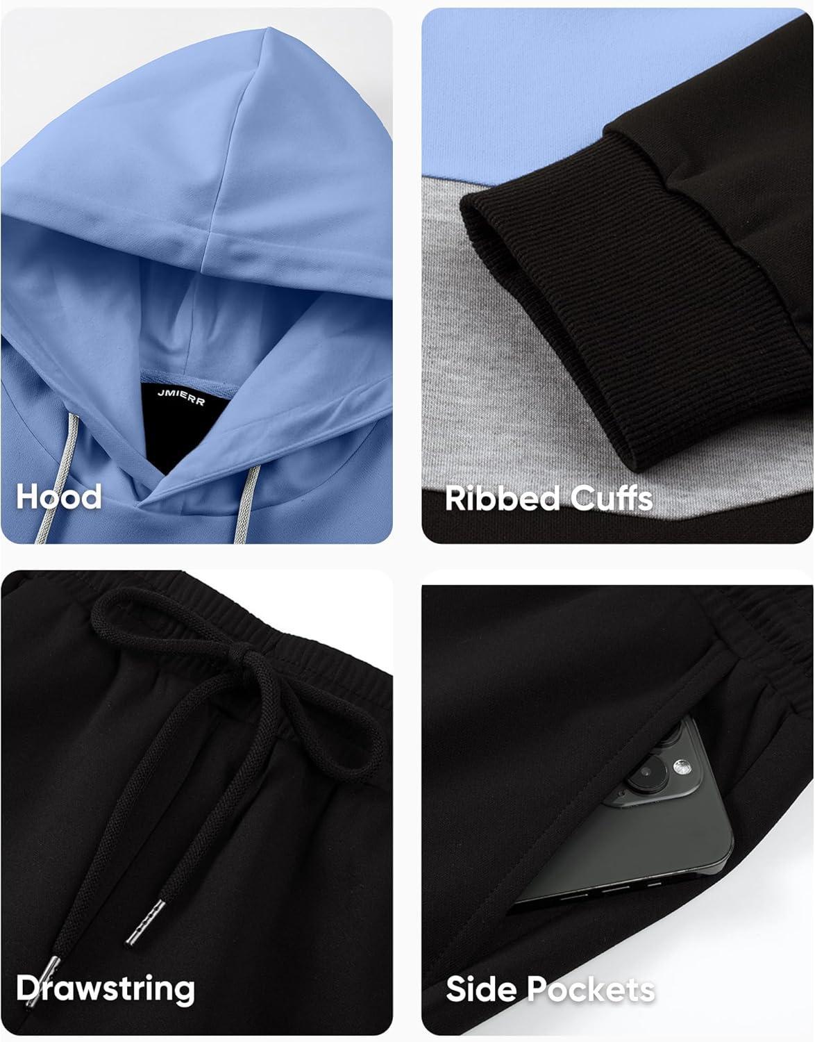 imageJMIERR Mens Hoodie Tracksuit 2 Pieces Set Novelty Color Block Pullover Fleece Hoodies Long Sleeve Casual SweatshirtSky Blue