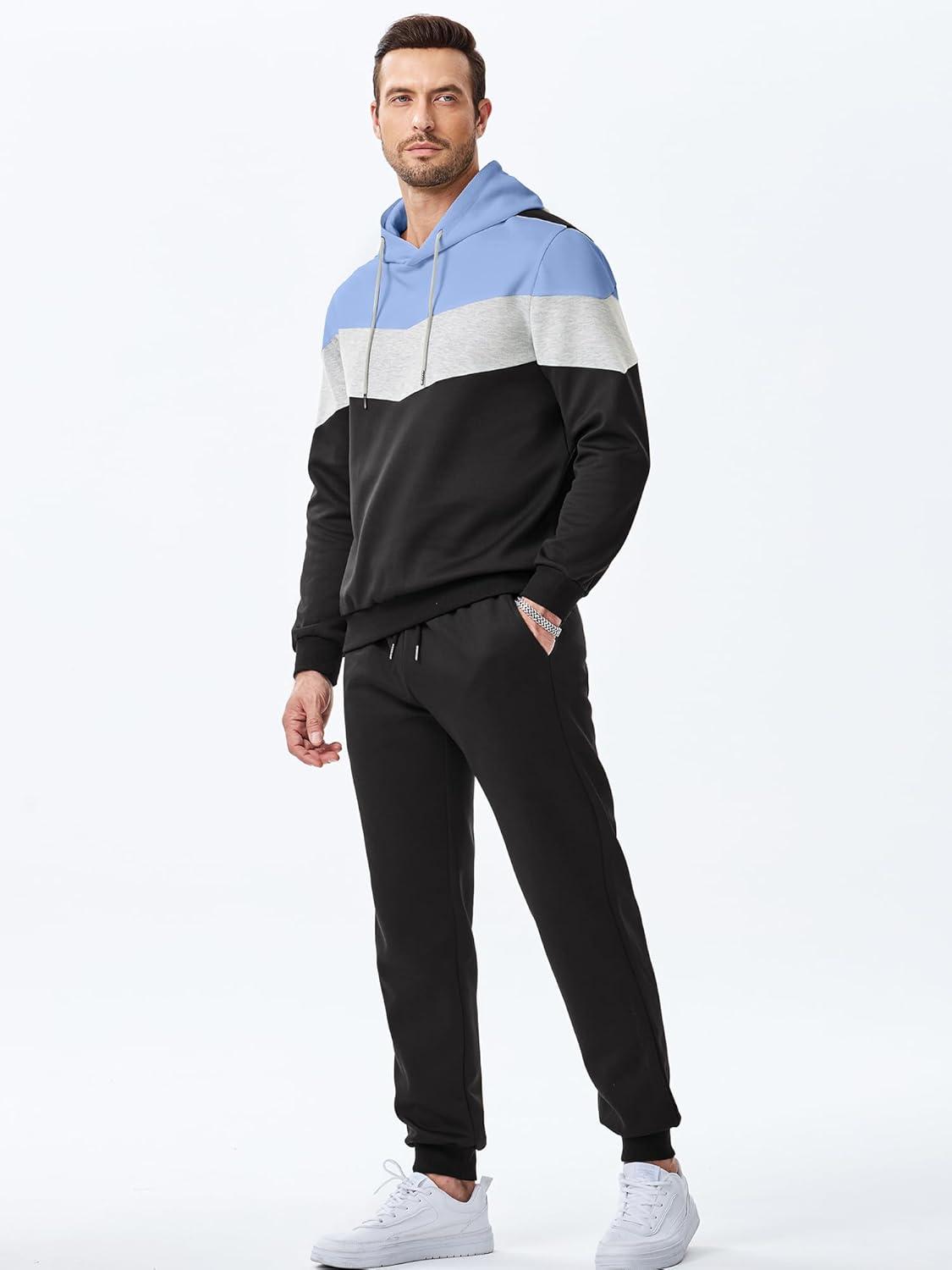 imageJMIERR Mens Hoodie Tracksuit 2 Pieces Set Novelty Color Block Pullover Fleece Hoodies Long Sleeve Casual SweatshirtSky Blue