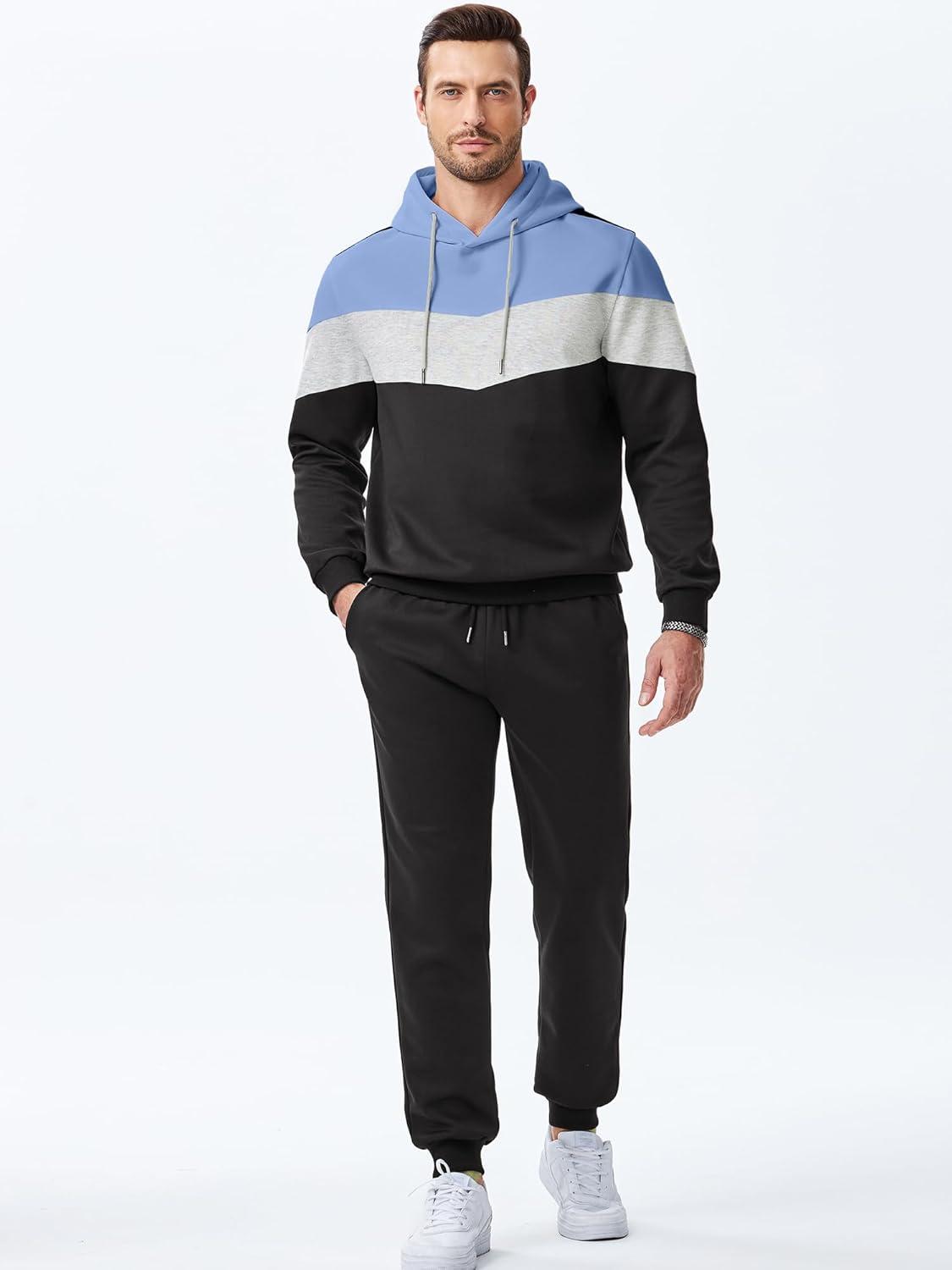 imageJMIERR Mens Hoodie Tracksuit 2 Pieces Set Novelty Color Block Pullover Fleece Hoodies Long Sleeve Casual SweatshirtSky Blue