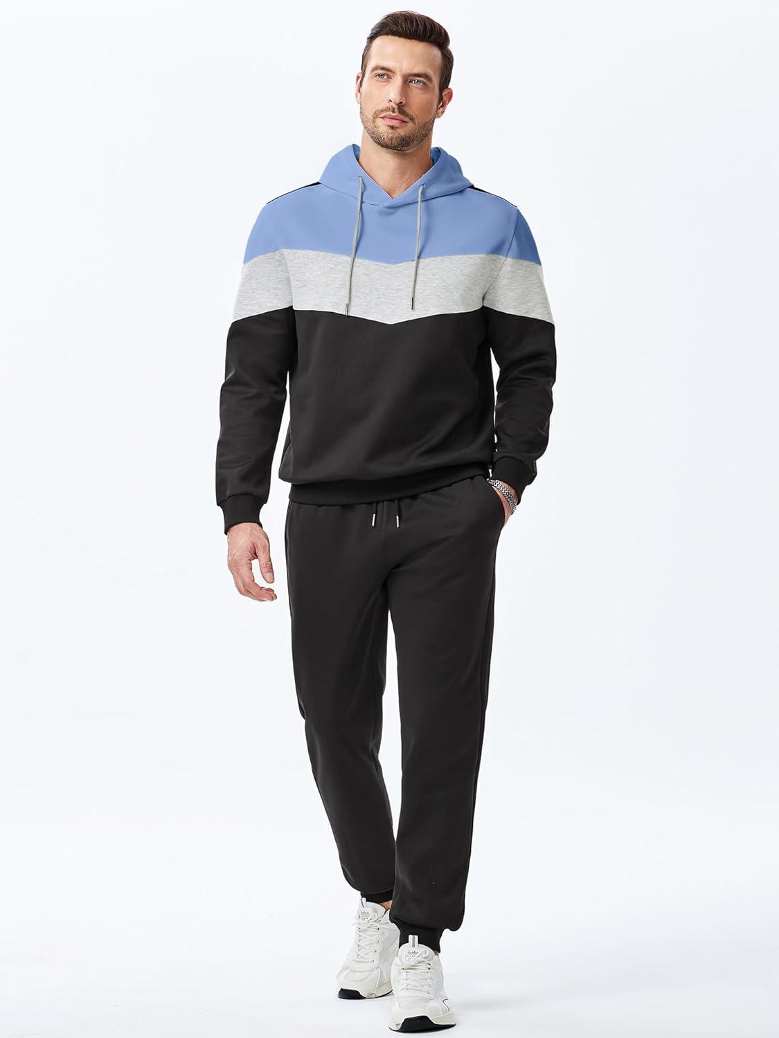 imageJMIERR Mens Hoodie Tracksuit 2 Pieces Set Novelty Color Block Pullover Fleece Hoodies Long Sleeve Casual SweatshirtSky Blue