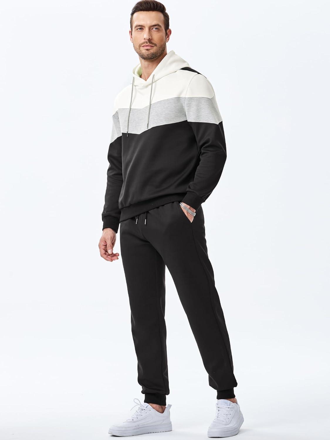 imageJMIERR Mens Hoodie Tracksuit 2 Pieces Set Novelty Color Block Pullover Fleece Hoodies Long Sleeve Casual SweatshirtWhite