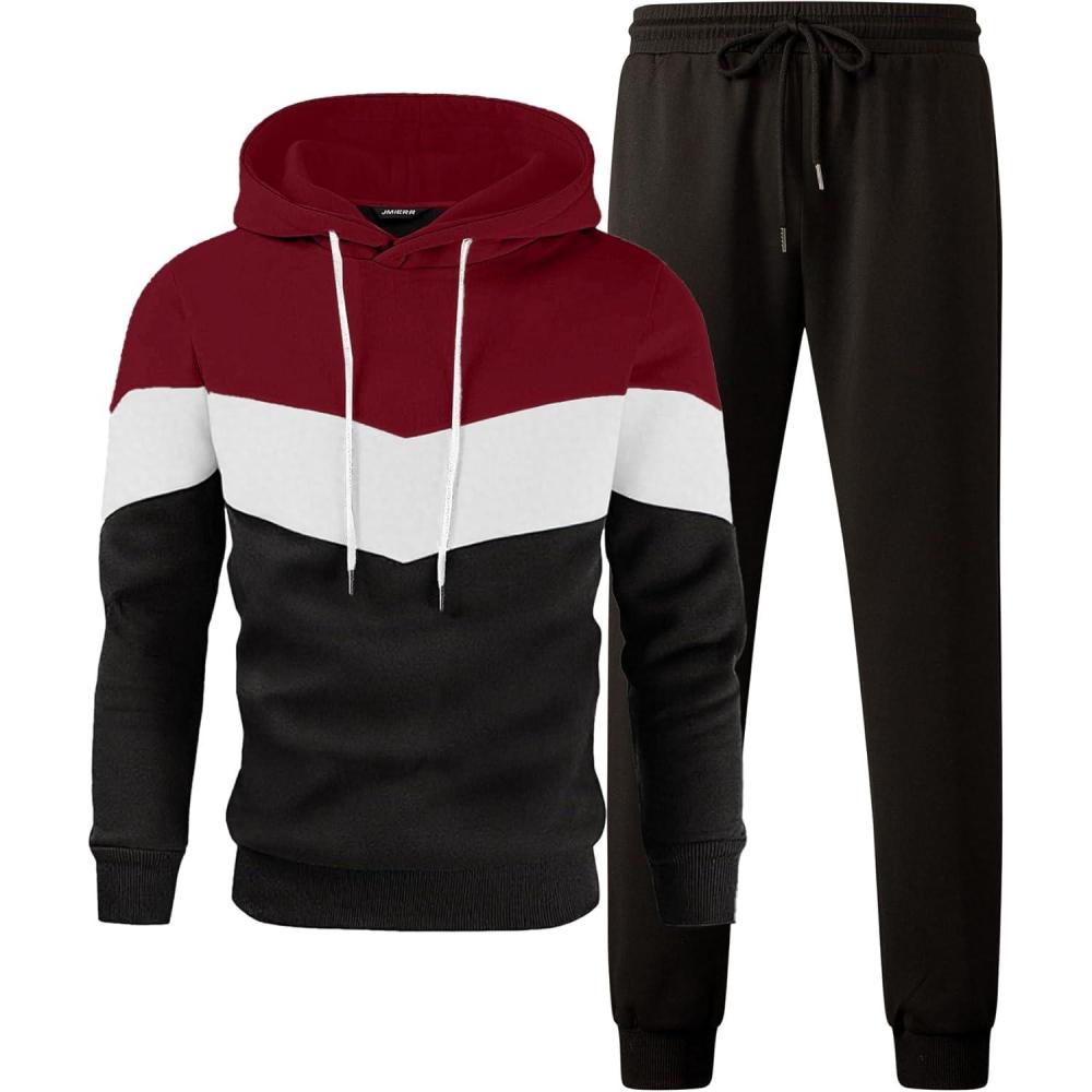 imageJMIERR Mens Hoodie Tracksuit 2 Pieces Set Novelty Color Block Pullover Fleece Hoodies Long Sleeve Casual SweatshirtBburgundy