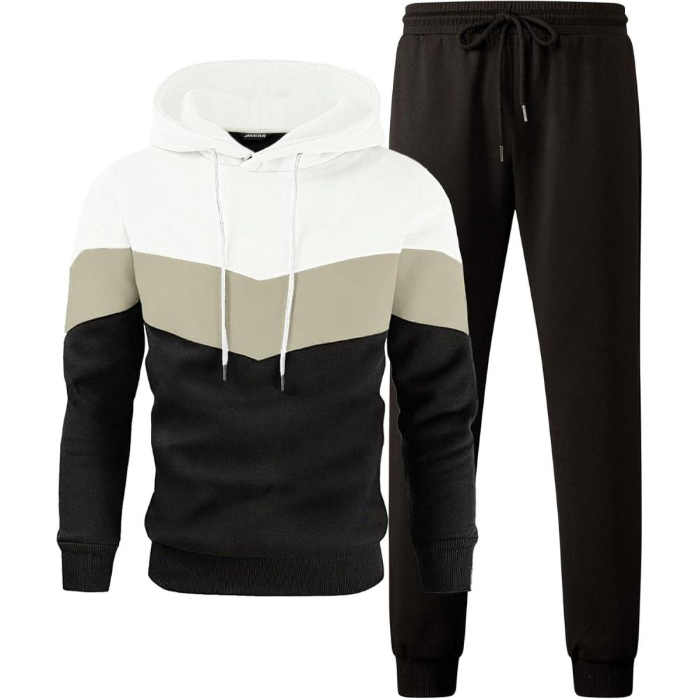 imageJMIERR Mens Hoodie Tracksuit 2 Pieces Set Novelty Color Block Pullover Fleece Hoodies Long Sleeve Casual SweatshirtBlack