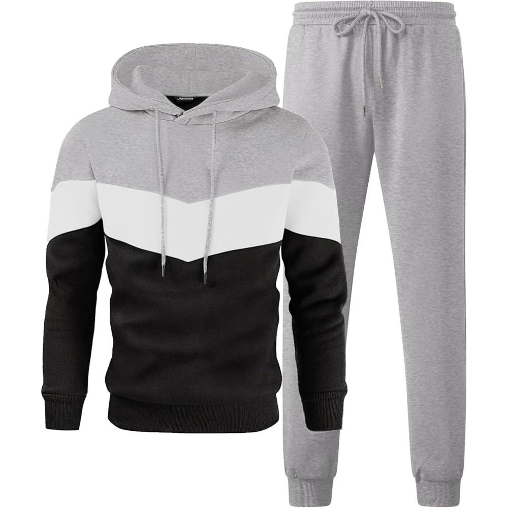 imageJMIERR Mens Hoodie Tracksuit 2 Pieces Set Novelty Color Block Pullover Fleece Hoodies Long Sleeve Casual SweatshirtGray