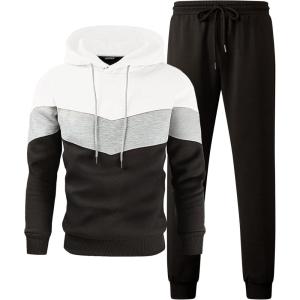 imageJMIERR Mens Hoodie Tracksuit 2 Pieces Set Novelty Color Block Pullover Fleece Hoodies Long Sleeve Casual SweatshirtWhite