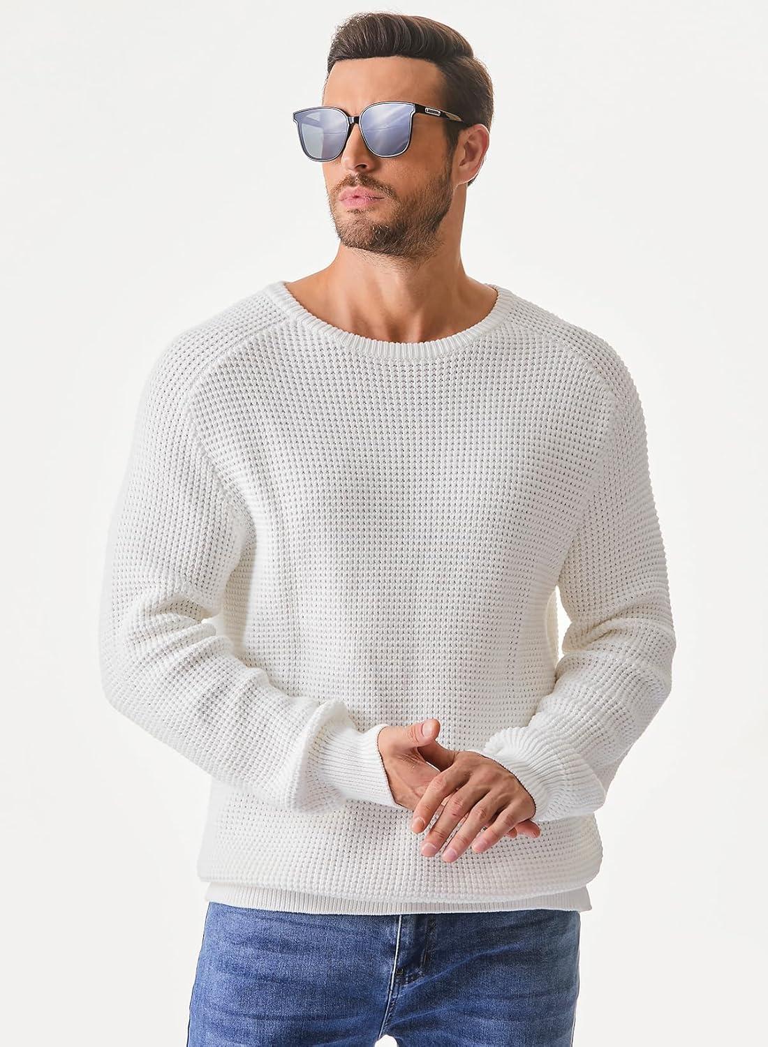 imageJMIERR Mens Crewneck Pullover Sweater Waffle Textured Knitted Sweaters Casual Loose Fit Sweaters with Ribbing Edge01 White