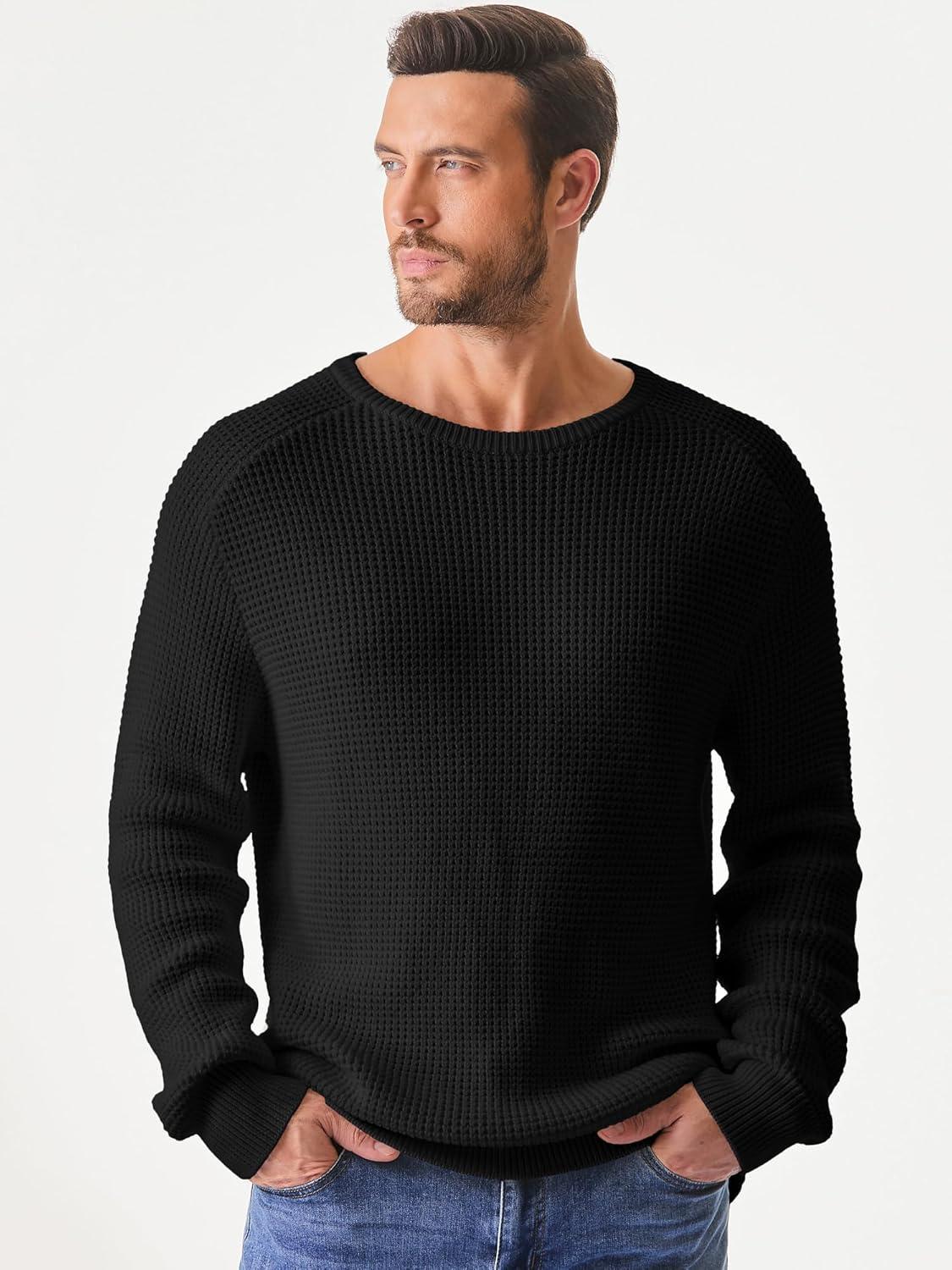 imageJMIERR Mens Crewneck Pullover Sweater Waffle Textured Knitted Sweaters Casual Loose Fit Sweaters with Ribbing Edge02 Black