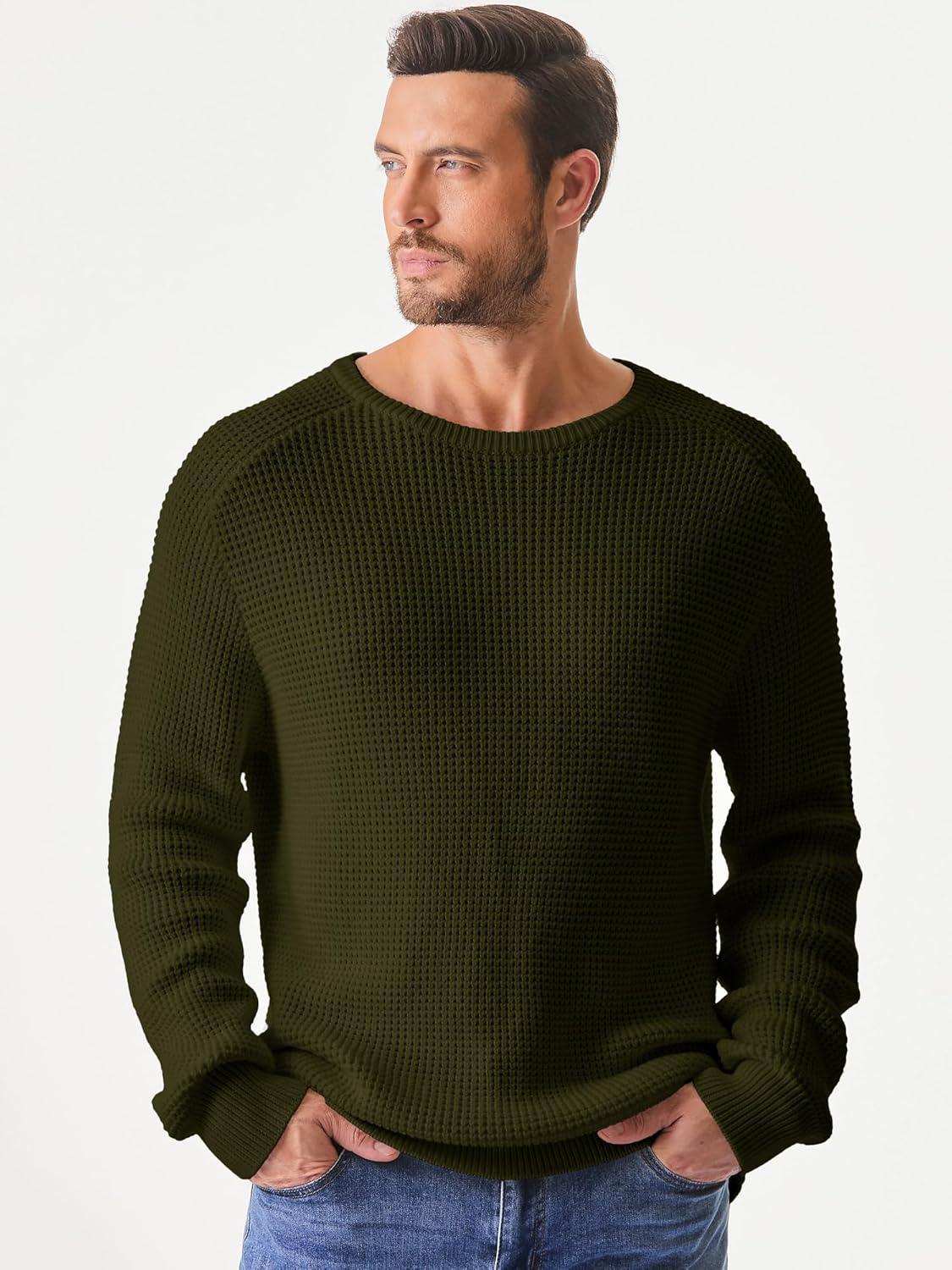 imageJMIERR Mens Crewneck Pullover Sweater Waffle Textured Knitted Sweaters Casual Loose Fit Sweaters with Ribbing Edge04 Moss Green