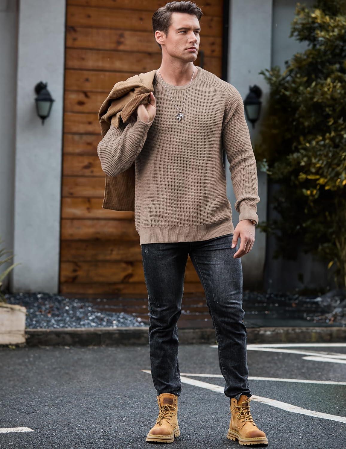 imageJMIERR Mens Crewneck Pullover Sweater Waffle Textured Knitted Sweaters Casual Loose Fit Sweaters with Ribbing Edge05 Smoke Graykhaki