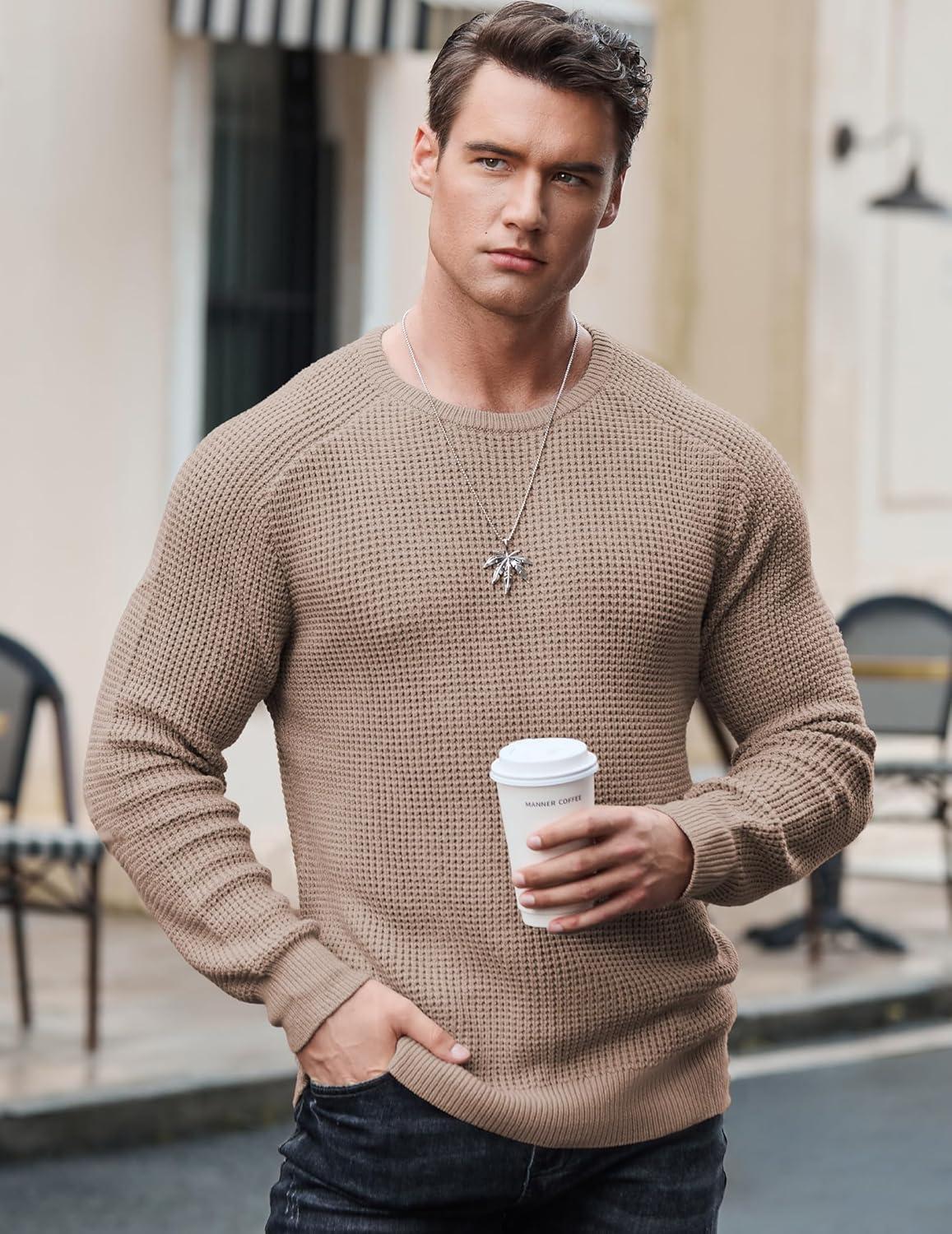 imageJMIERR Mens Crewneck Pullover Sweater Waffle Textured Knitted Sweaters Casual Loose Fit Sweaters with Ribbing Edge05 Smoke Graykhaki