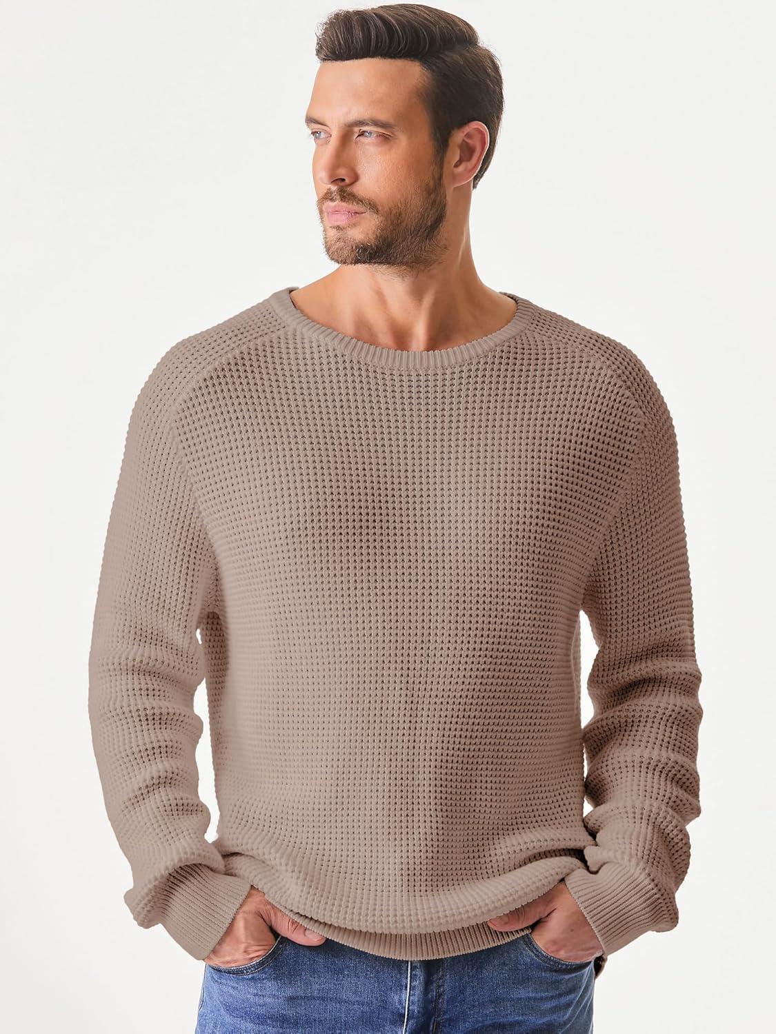 imageJMIERR Mens Crewneck Pullover Sweater Waffle Textured Knitted Sweaters Casual Loose Fit Sweaters with Ribbing Edge05 Smoke Graykhaki