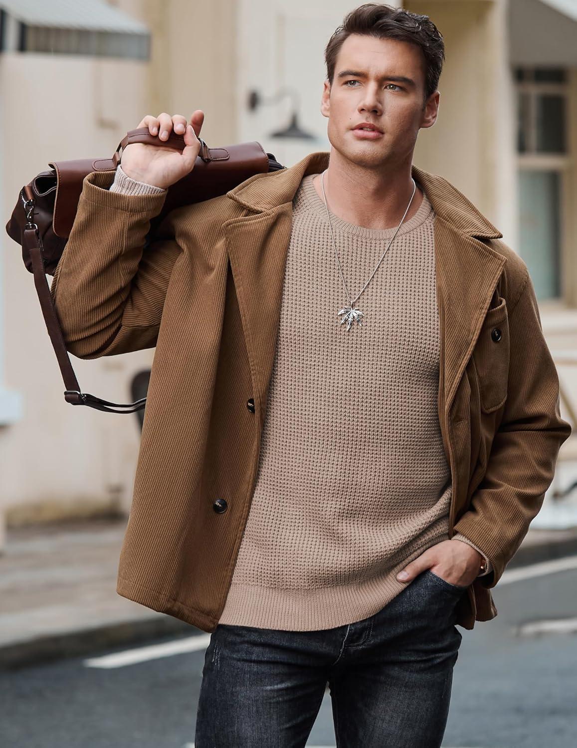 imageJMIERR Mens Crewneck Pullover Sweater Waffle Textured Knitted Sweaters Casual Loose Fit Sweaters with Ribbing Edge05 Smoke Graykhaki