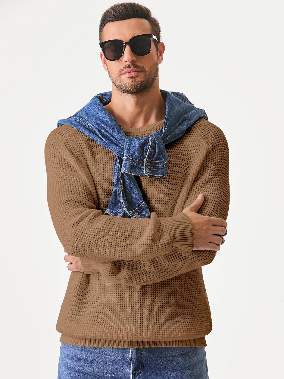 imageJMIERR Mens Crewneck Pullover Sweater Waffle Textured Knitted Sweaters Casual Loose Fit Sweaters with Ribbing Edge06 Khaki