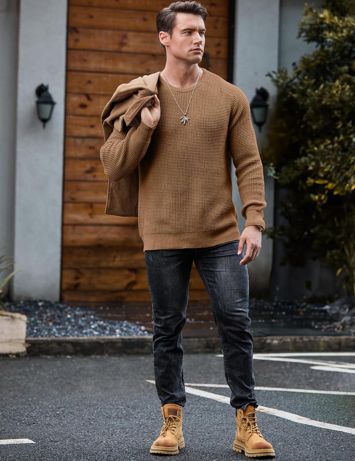 imageJMIERR Mens Crewneck Pullover Sweater Waffle Textured Knitted Sweaters Casual Loose Fit Sweaters with Ribbing Edge06 Khaki