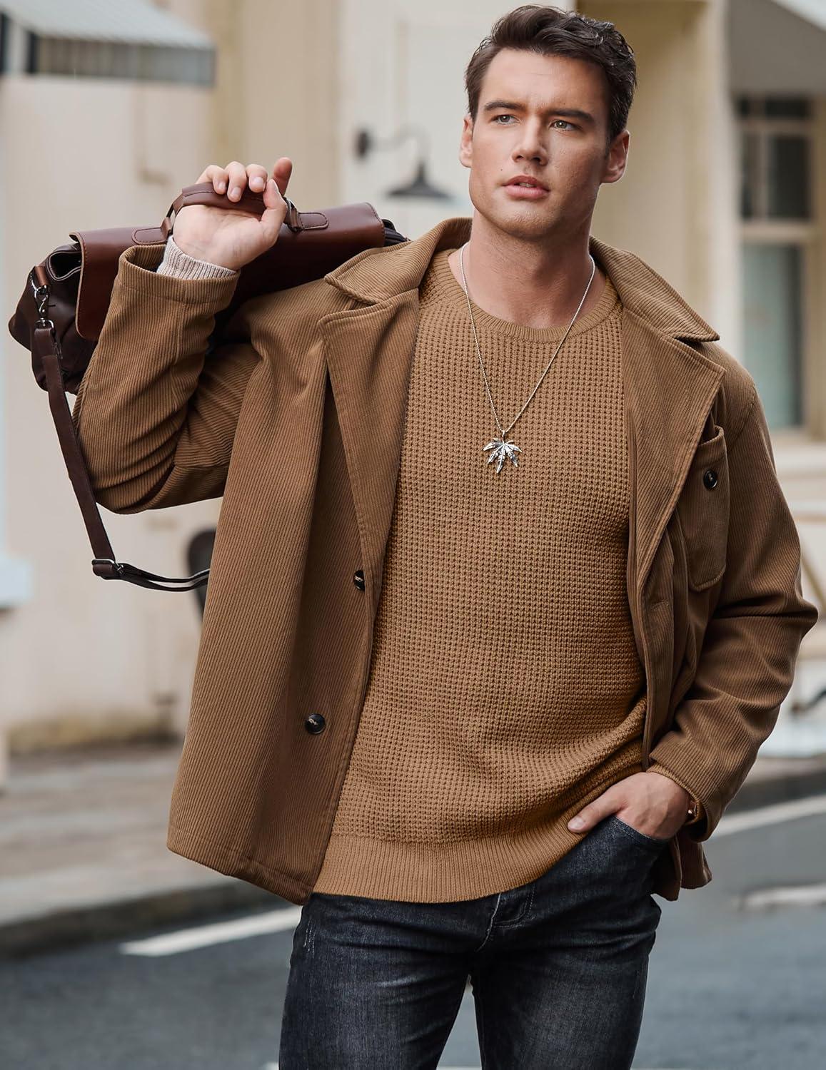 imageJMIERR Mens Crewneck Pullover Sweater Waffle Textured Knitted Sweaters Casual Loose Fit Sweaters with Ribbing Edge06 Khaki