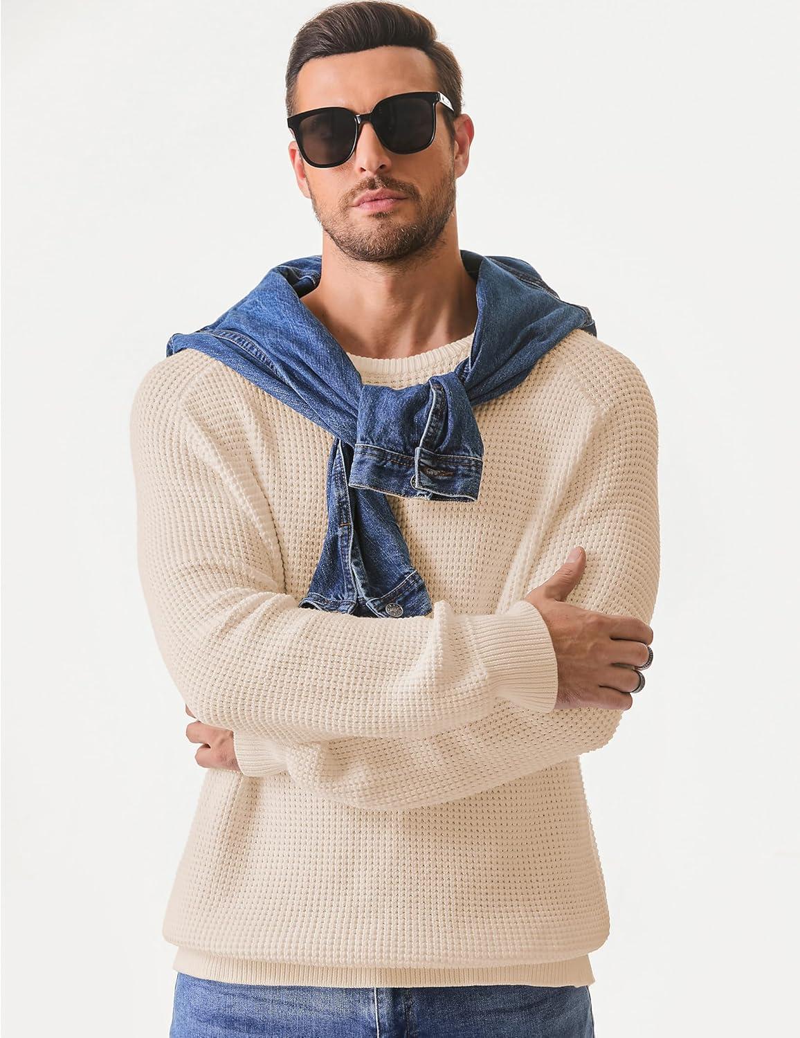 imageJMIERR Mens Crewneck Pullover Sweater Waffle Textured Knitted Sweaters Casual Loose Fit Sweaters with Ribbing Edge07 Apricot