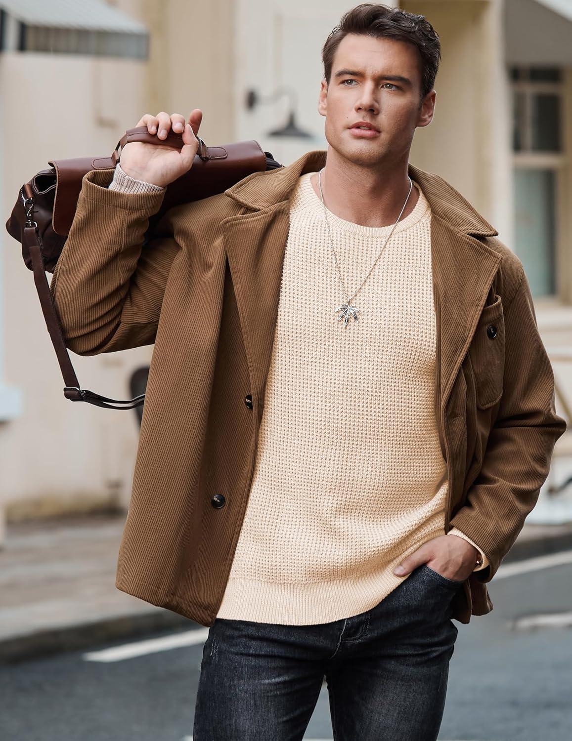 imageJMIERR Mens Crewneck Pullover Sweater Waffle Textured Knitted Sweaters Casual Loose Fit Sweaters with Ribbing Edge07 Apricot