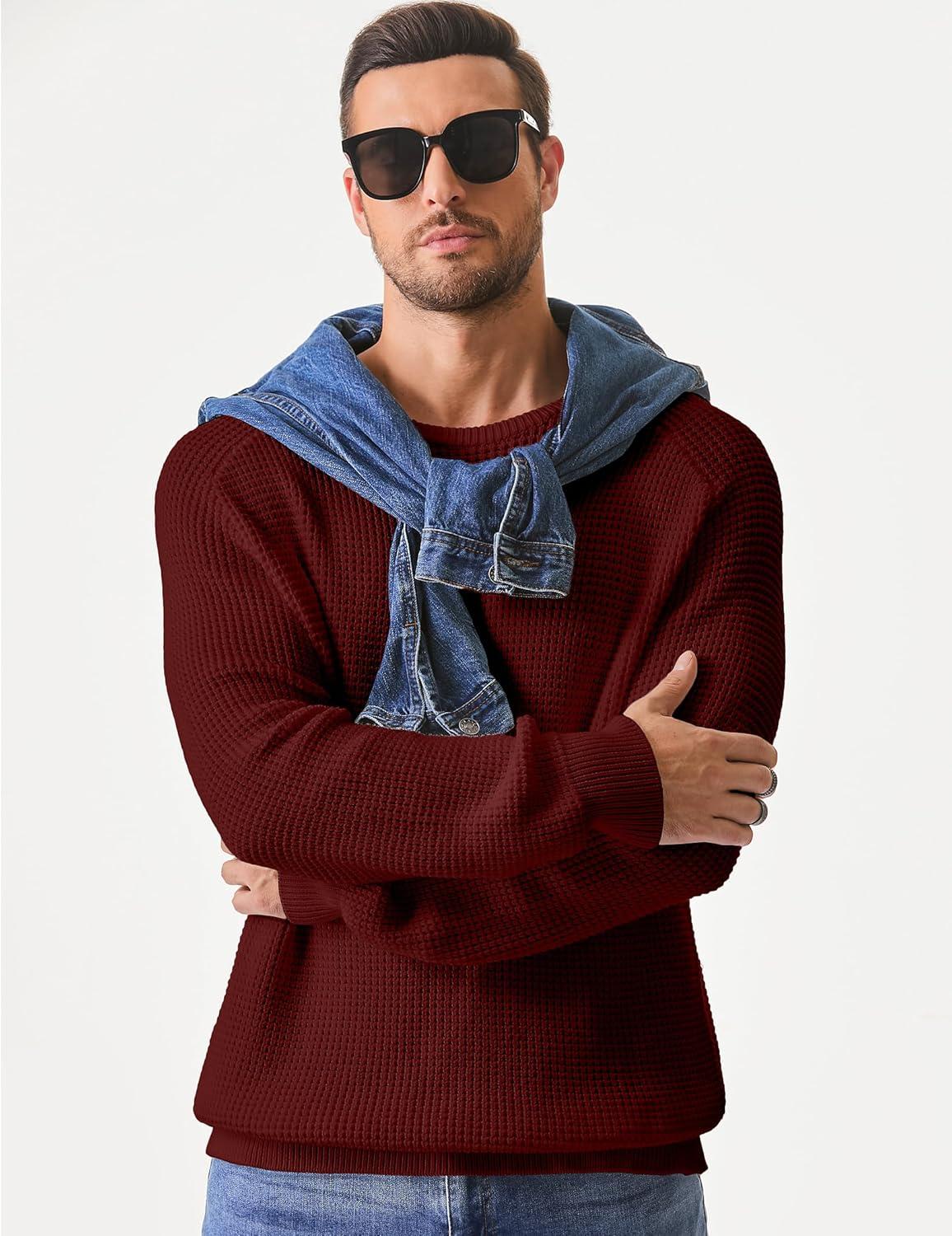 imageJMIERR Mens Crewneck Pullover Sweater Waffle Textured Knitted Sweaters Casual Loose Fit Sweaters with Ribbing Edge07 Burgundy