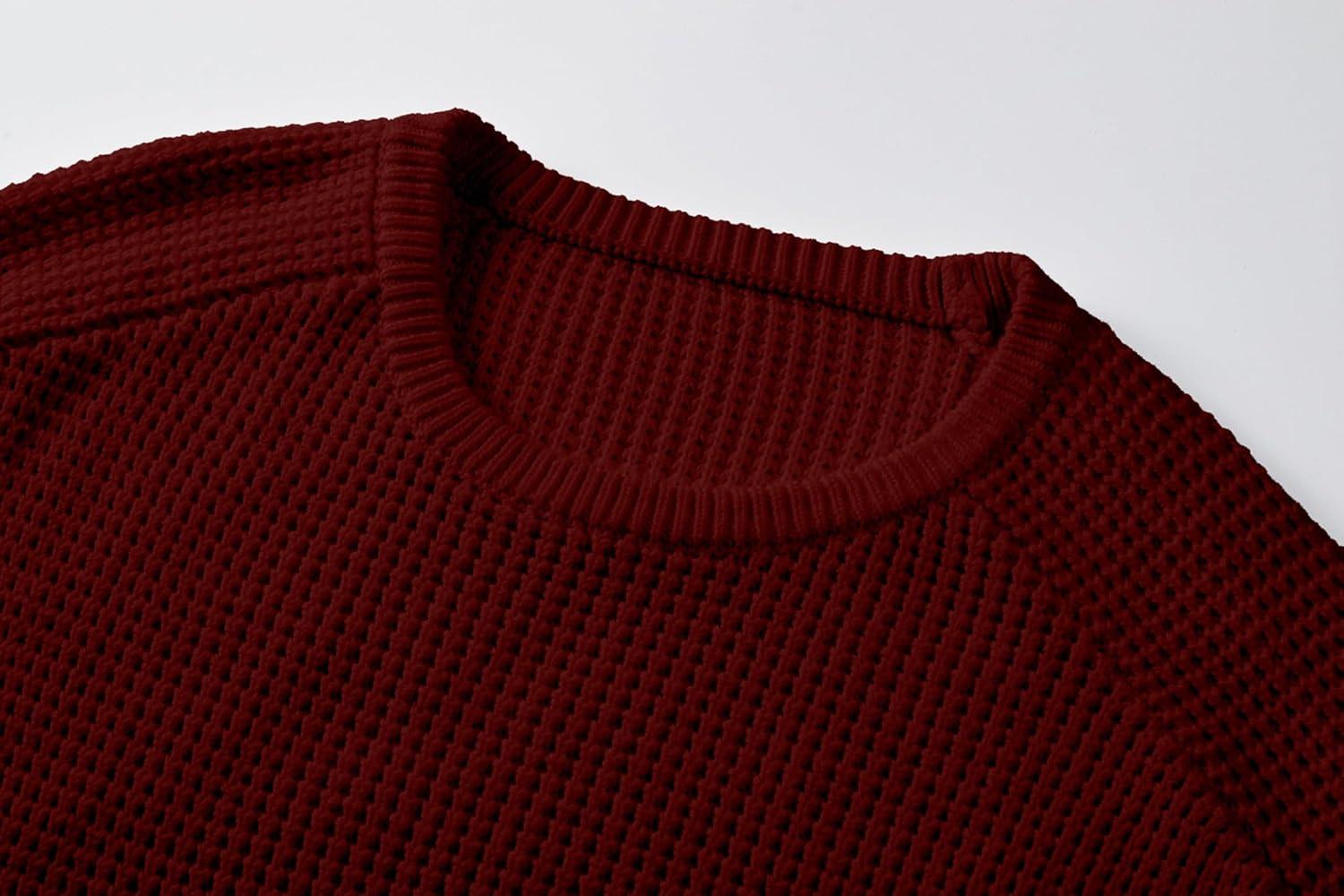 imageJMIERR Mens Crewneck Pullover Sweater Waffle Textured Knitted Sweaters Casual Loose Fit Sweaters with Ribbing Edge07 Burgundy