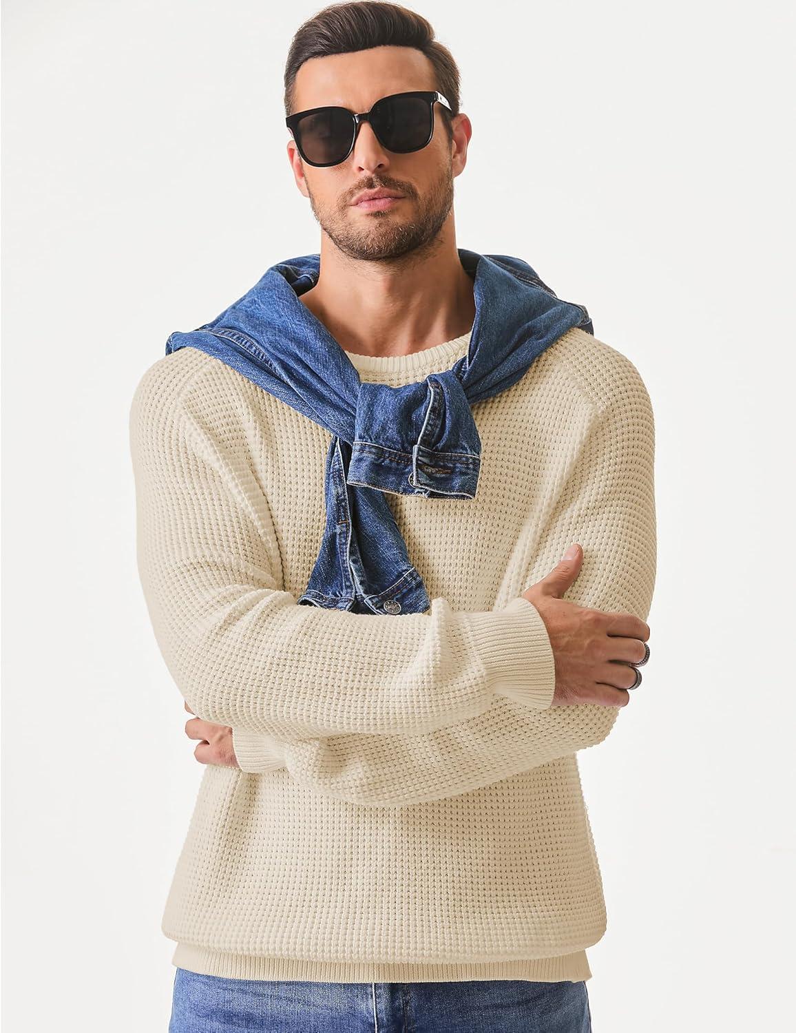 imageJMIERR Mens Crewneck Pullover Sweater Waffle Textured Knitted Sweaters Casual Loose Fit Sweaters with Ribbing Edge08 Light Khaki
