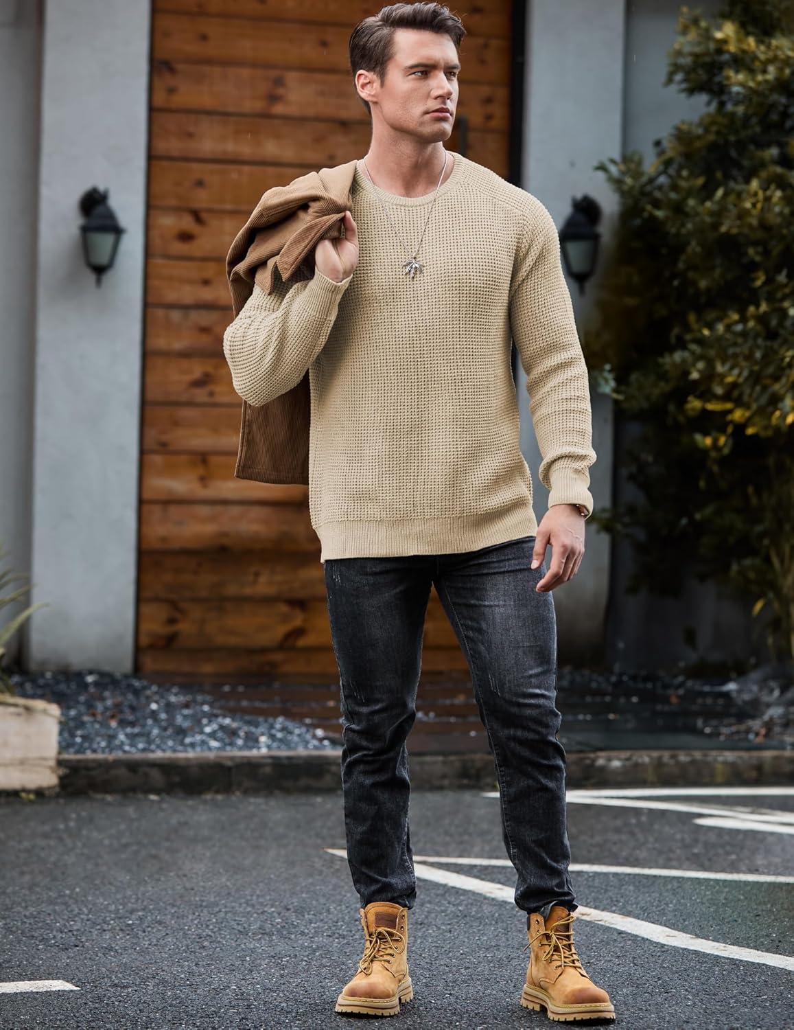 imageJMIERR Mens Crewneck Pullover Sweater Waffle Textured Knitted Sweaters Casual Loose Fit Sweaters with Ribbing Edge08 Light Khaki
