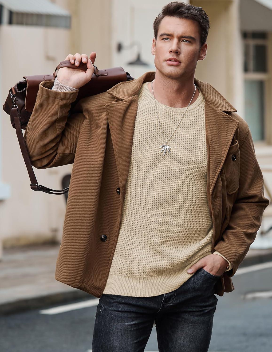 imageJMIERR Mens Crewneck Pullover Sweater Waffle Textured Knitted Sweaters Casual Loose Fit Sweaters with Ribbing Edge08 Light Khaki