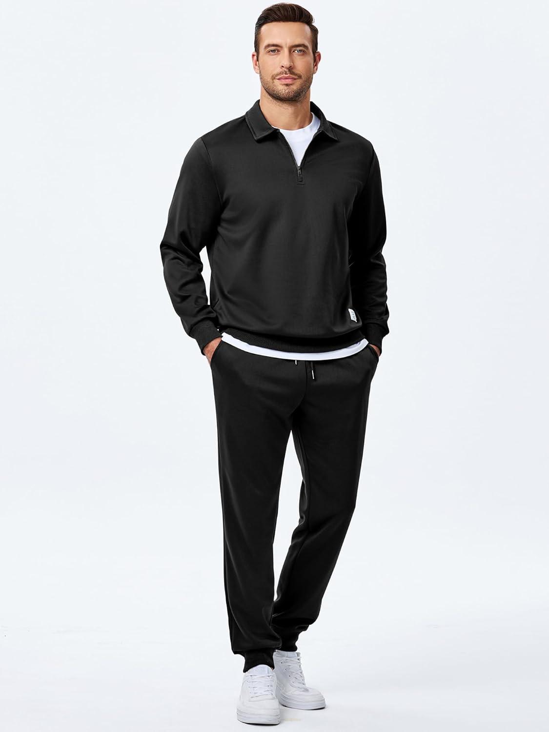imageJMIERR Mens Track Suits 2 Piece Outfits Quarter Zipper Polo Shirt Tracksuit ampamp Joggers Sweatpants Sweatsuit SetsBlack