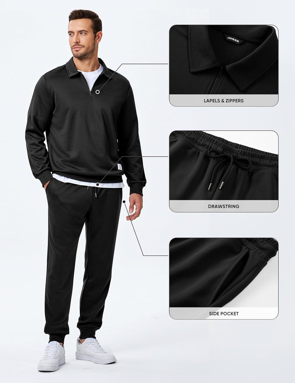 imageJMIERR Mens Track Suits 2 Piece Outfits Quarter Zipper Polo Shirt Tracksuit ampamp Joggers Sweatpants Sweatsuit SetsBlack
