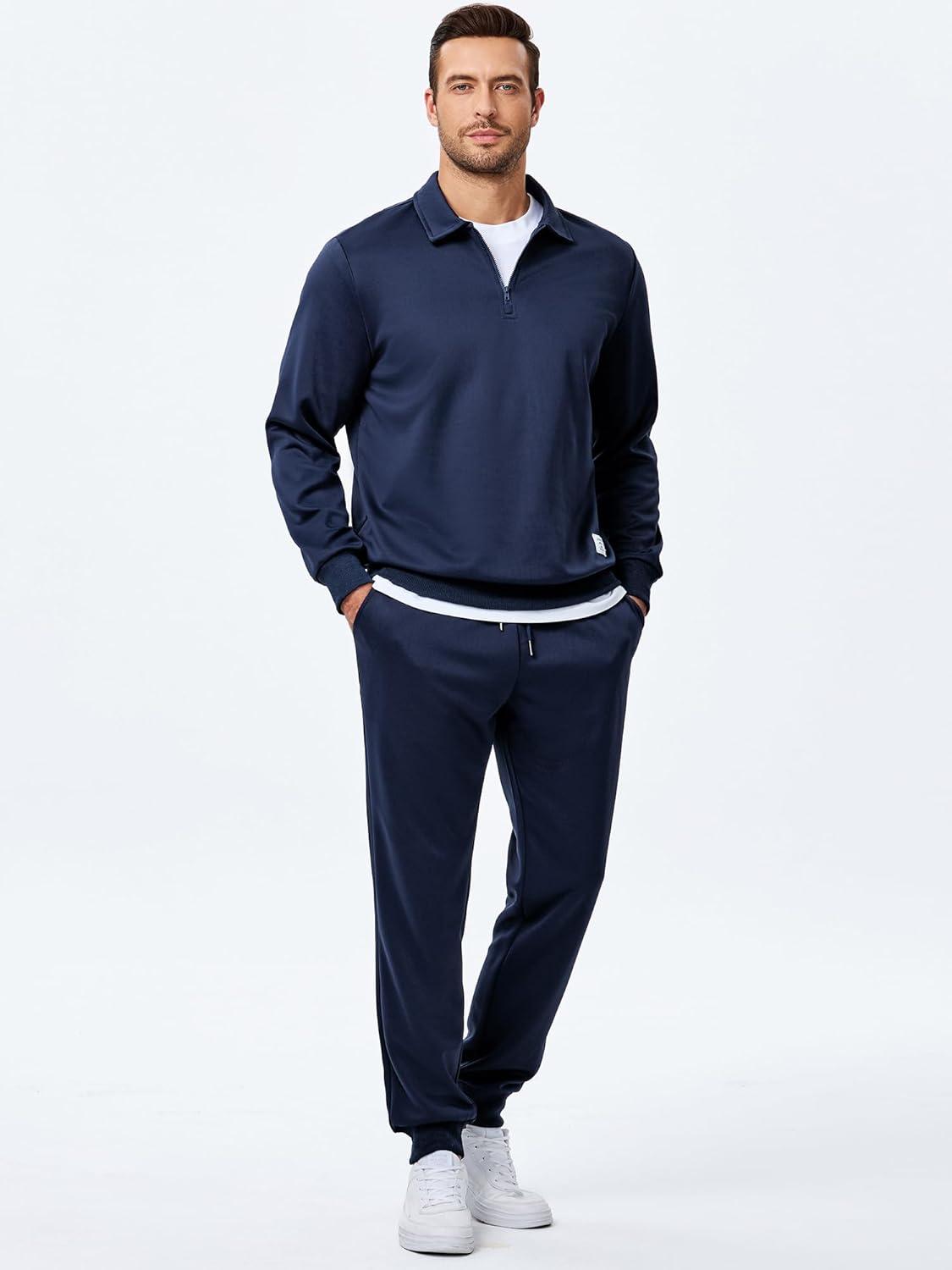 imageJMIERR Mens Track Suits 2 Piece Outfits Quarter Zipper Polo Shirt Tracksuit ampamp Joggers Sweatpants Sweatsuit SetsBlue