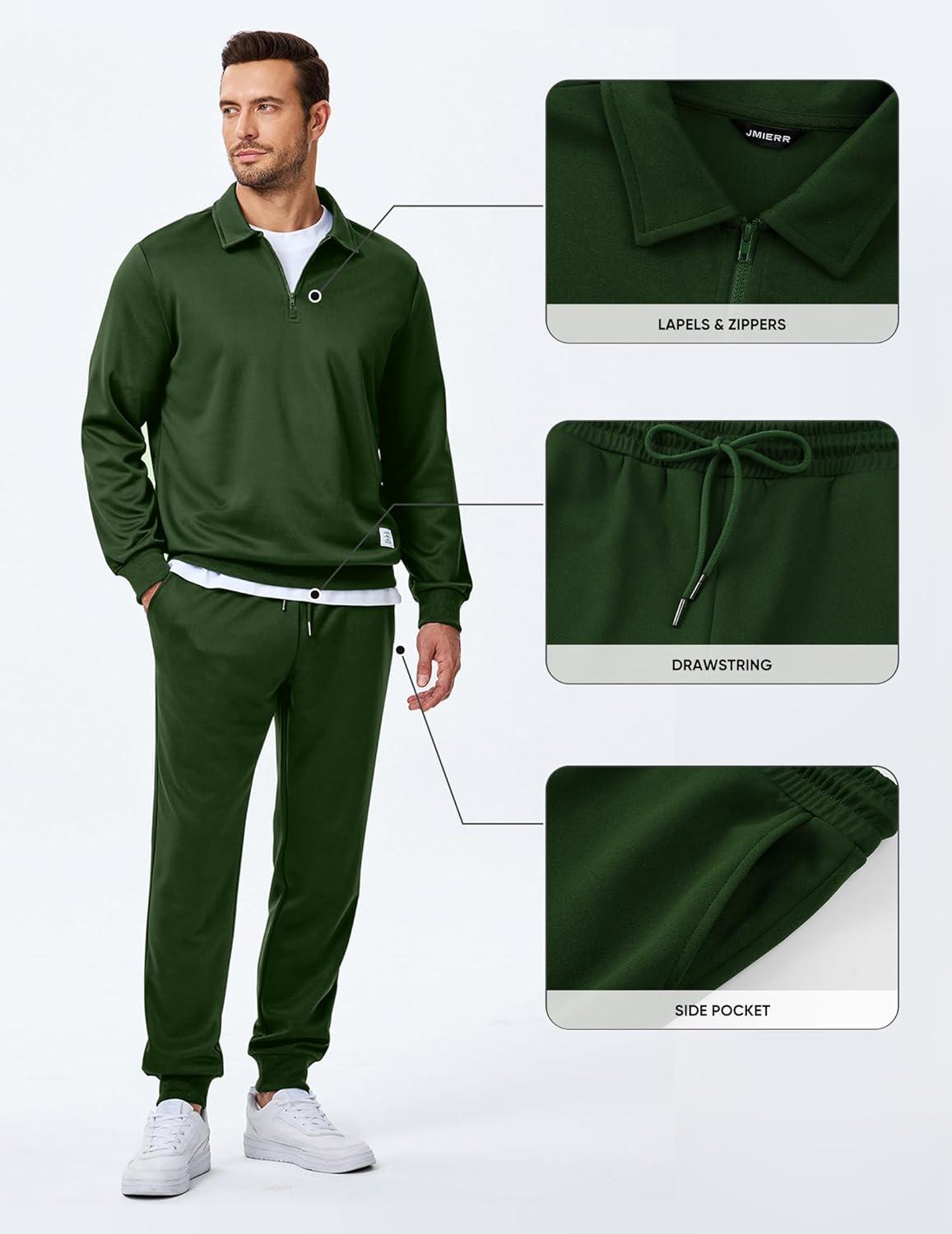 imageJMIERR Mens Track Suits 2 Piece Outfits Quarter Zipper Polo Shirt Tracksuit ampamp Joggers Sweatpants Sweatsuit SetsGreen