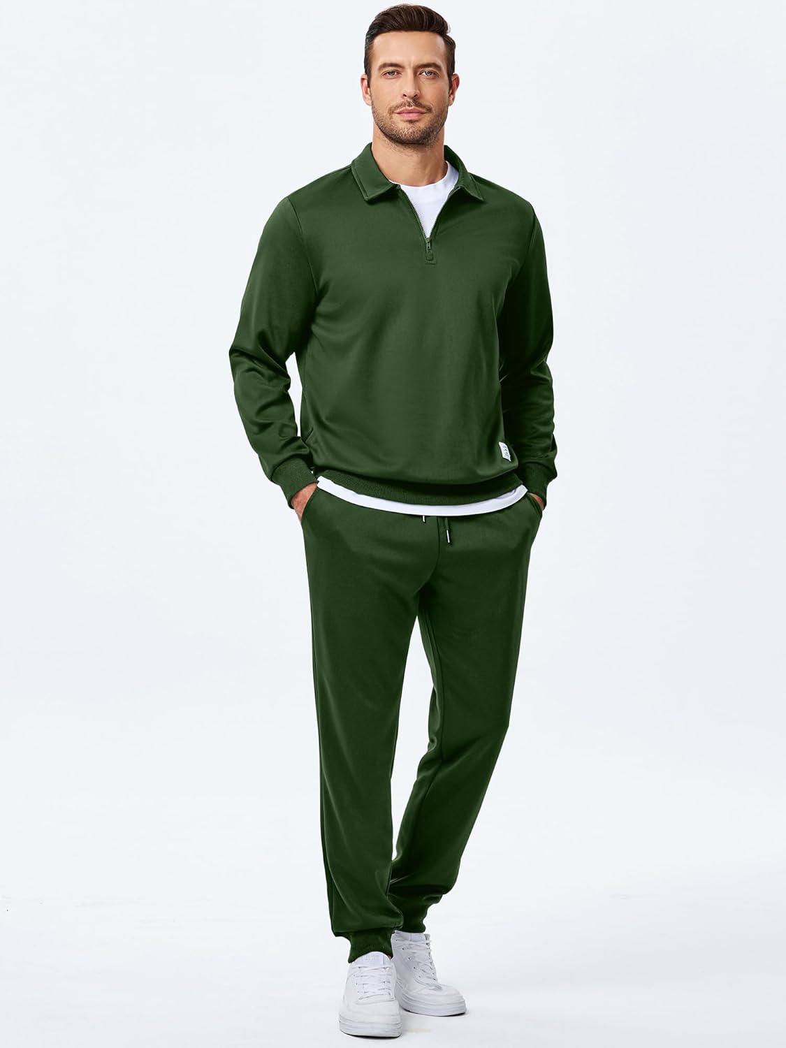 imageJMIERR Mens Track Suits 2 Piece Outfits Quarter Zipper Polo Shirt Tracksuit ampamp Joggers Sweatpants Sweatsuit SetsGreen