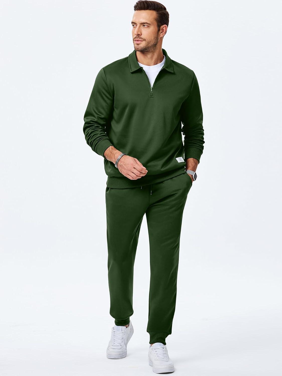 imageJMIERR Mens Track Suits 2 Piece Outfits Quarter Zipper Polo Shirt Tracksuit ampamp Joggers Sweatpants Sweatsuit SetsGreen
