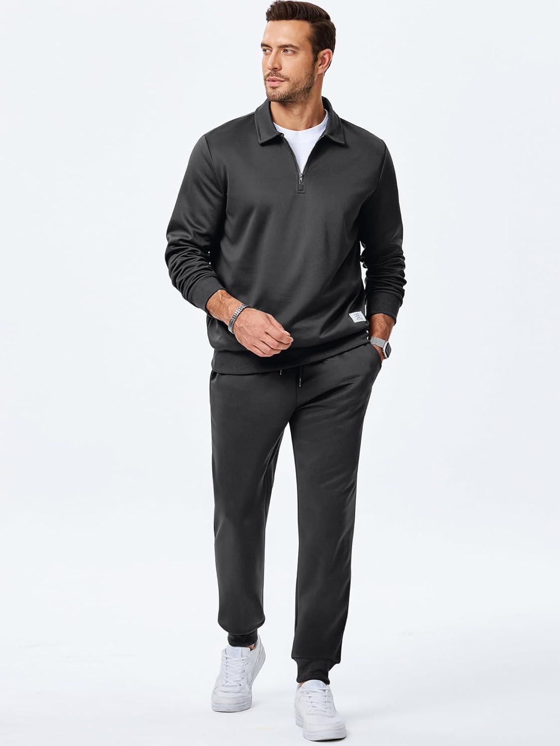 imageJMIERR Mens Track Suits 2 Piece Outfits Quarter Zipper Polo Shirt Tracksuit ampamp Joggers Sweatpants Sweatsuit SetsGrey
