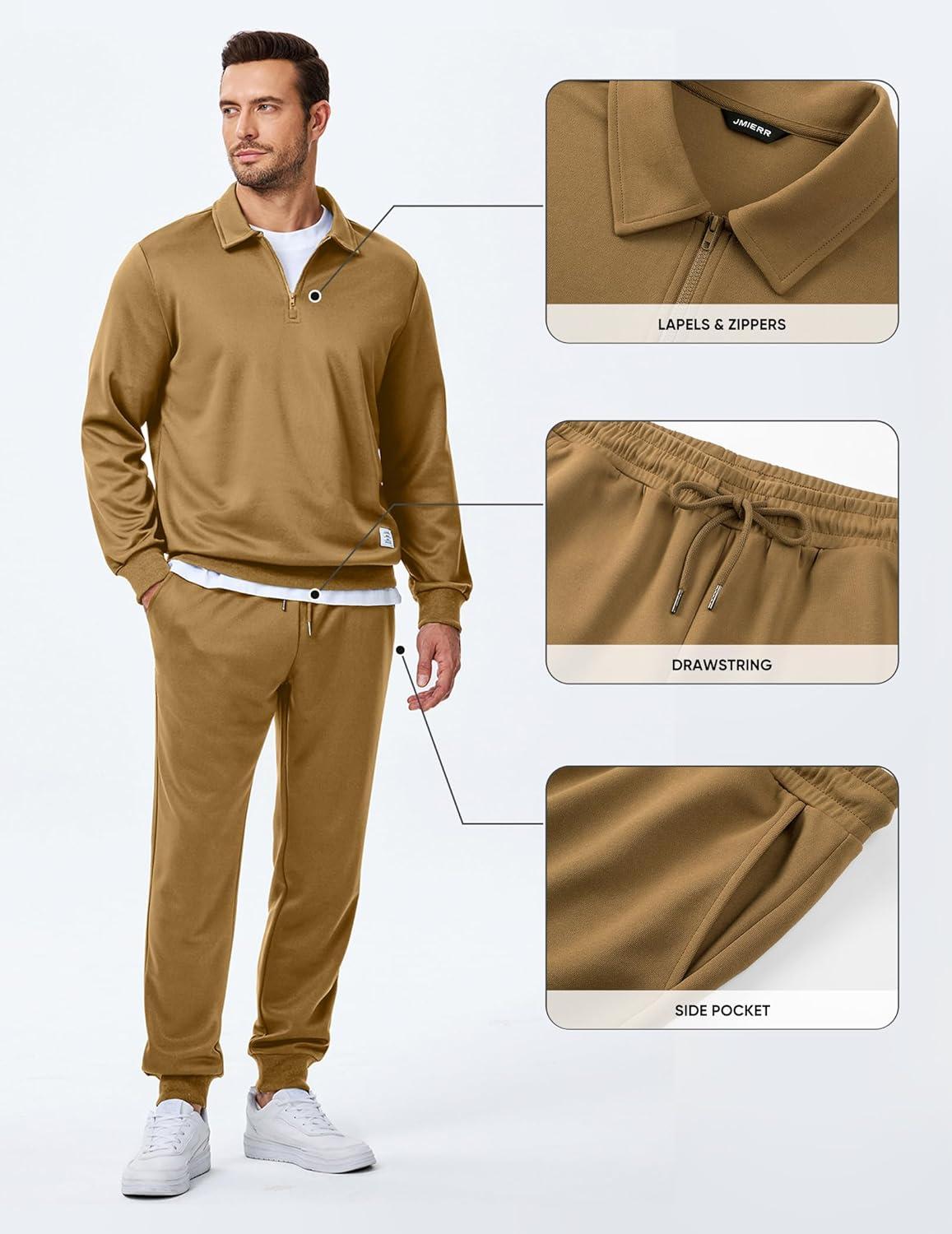 imageJMIERR Mens Track Suits 2 Piece Outfits Quarter Zipper Polo Shirt Tracksuit ampamp Joggers Sweatpants Sweatsuit SetsKhaki