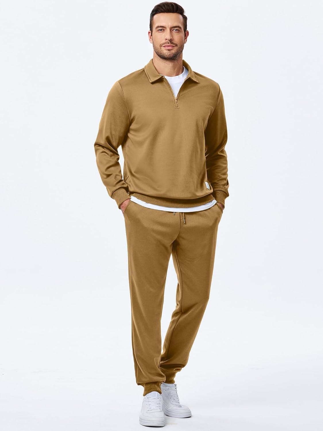 imageJMIERR Mens Track Suits 2 Piece Outfits Quarter Zipper Polo Shirt Tracksuit ampamp Joggers Sweatpants Sweatsuit SetsKhaki