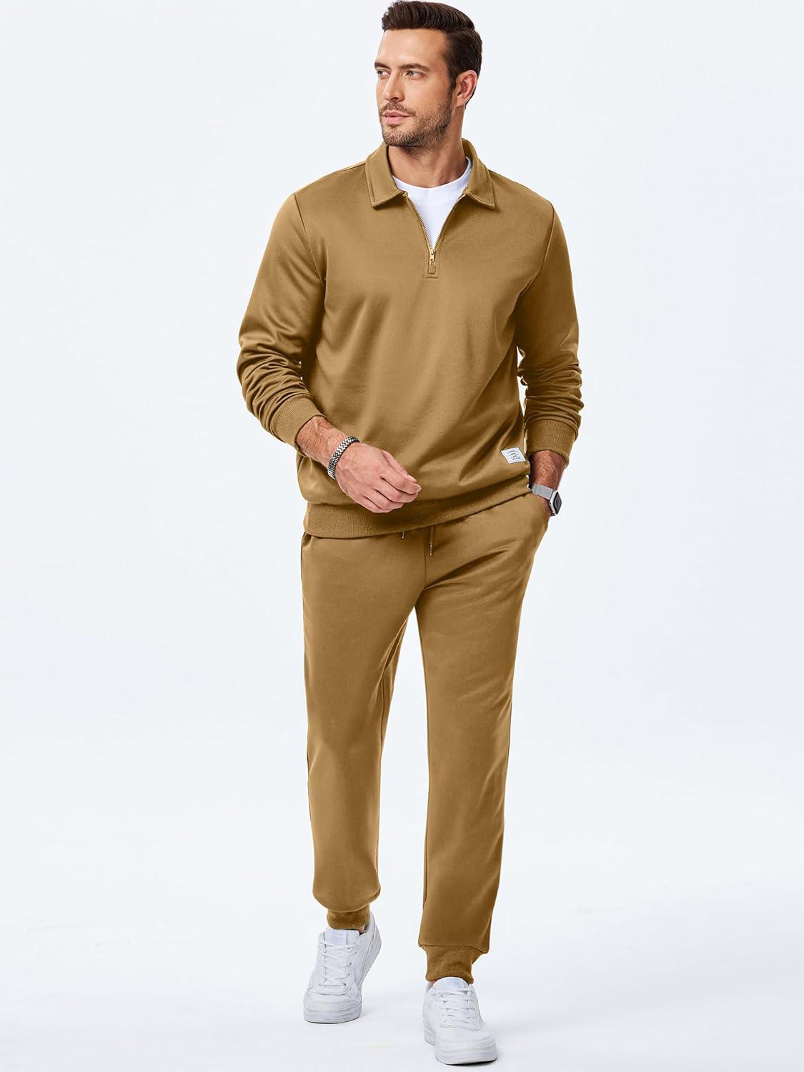 imageJMIERR Mens Track Suits 2 Piece Outfits Quarter Zipper Polo Shirt Tracksuit ampamp Joggers Sweatpants Sweatsuit SetsKhaki