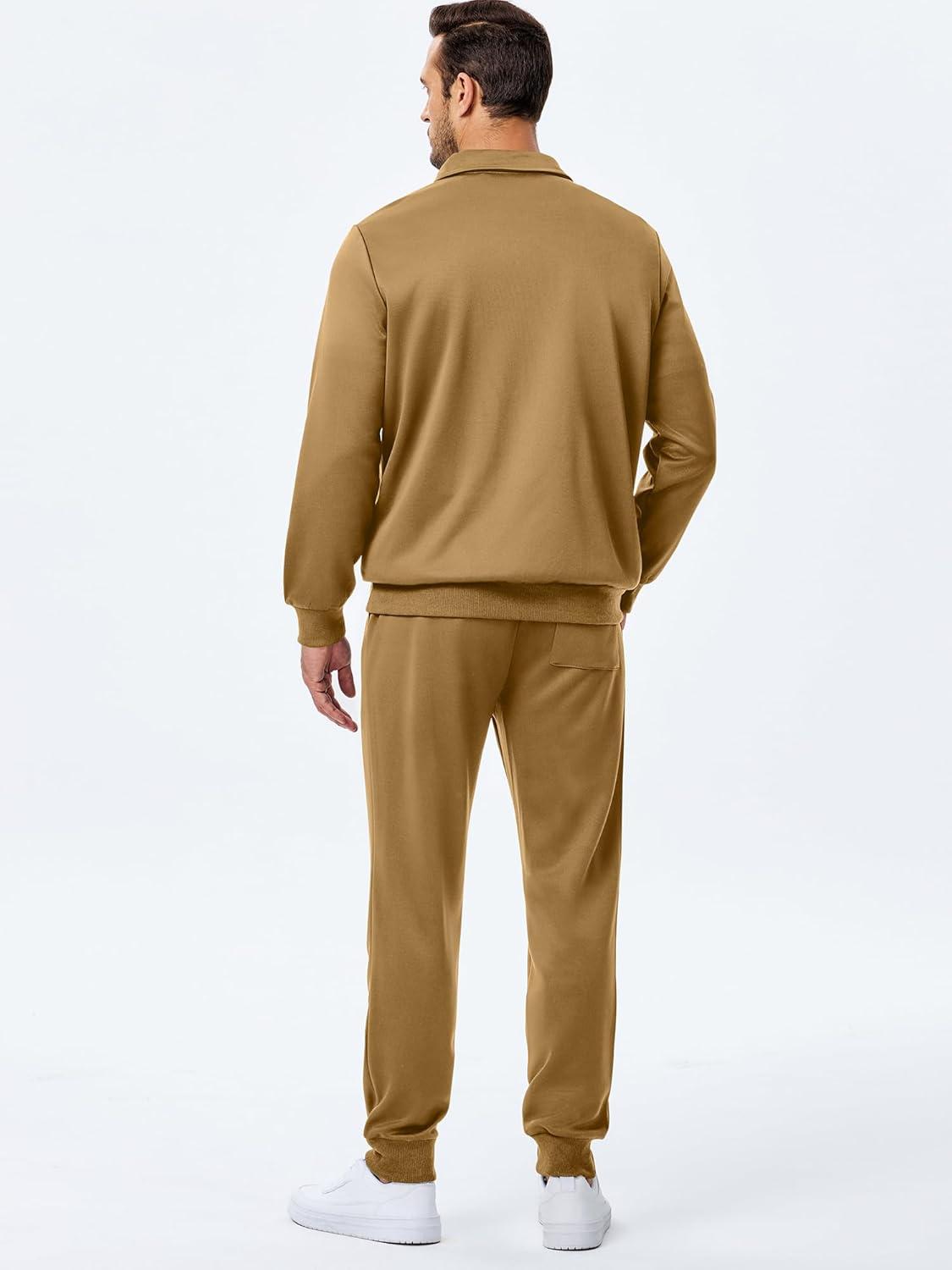 imageJMIERR Mens Track Suits 2 Piece Outfits Quarter Zipper Polo Shirt Tracksuit ampamp Joggers Sweatpants Sweatsuit SetsKhaki