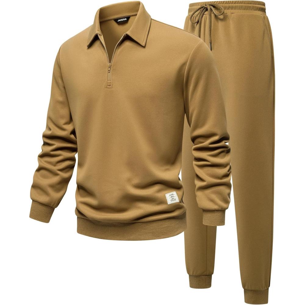 imageJMIERR Mens Track Suits 2 Piece Outfits Quarter Zipper Polo Shirt Tracksuit ampamp Joggers Sweatpants Sweatsuit SetsKhaki