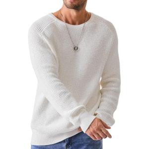imageJMIERR Mens Crewneck Pullover Sweater Waffle Textured Knitted Sweaters Casual Loose Fit Sweaters with Ribbing Edge01 White