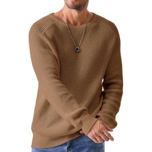 imageJMIERR Mens Crewneck Pullover Sweater Waffle Textured Knitted Sweaters Casual Loose Fit Sweaters with Ribbing Edge06 Khaki