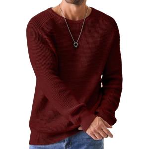 imageJMIERR Mens Crewneck Pullover Sweater Waffle Textured Knitted Sweaters Casual Loose Fit Sweaters with Ribbing Edge07 Burgundy