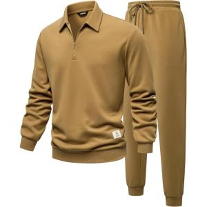imageJMIERR Mens Track Suits 2 Piece Outfits Quarter Zipper Polo Shirt Tracksuit ampamp Joggers Sweatpants Sweatsuit SetsKhaki
