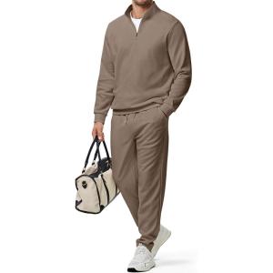 imageJMIERR 2025 Men Fall Tracksuit 2 Piece Set Old Money Polo Quarter Zip Twill Sweatsuits Jogging Sweatpants LoungewearBrown