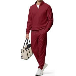 imageJMIERR 2025 Men Fall Tracksuit 2 Piece Set Old Money Polo Quarter Zip Twill Sweatsuits Jogging Sweatpants LoungewearRed