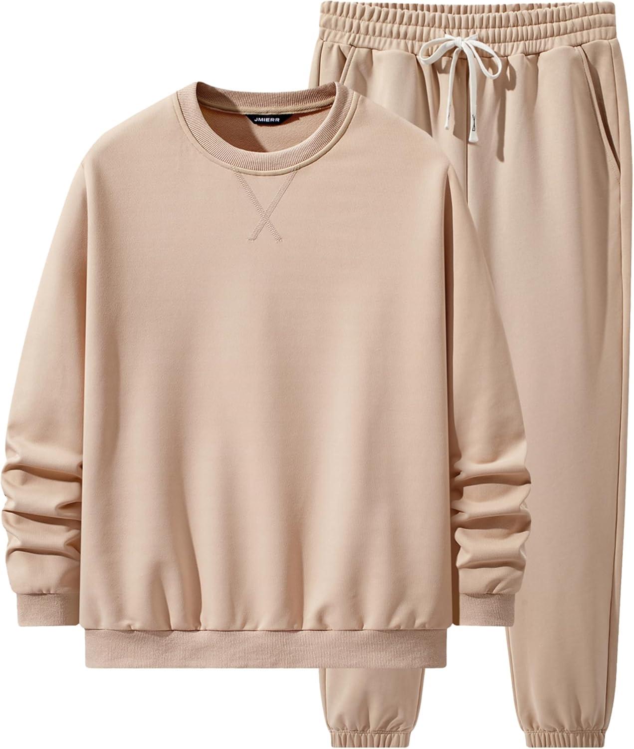 imageJMIERR Mens 2 Piece Outfits Crew Neck Sweatshirt Tracksuit ampamp Joggers Sweatpants Sweatsuit SetBeige